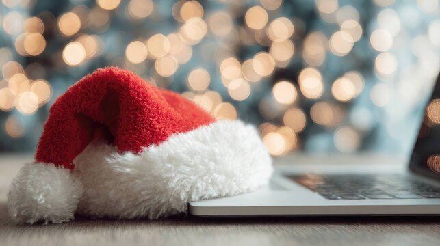 Santa hat on laptop for holiday e-commerce and online shopping concept