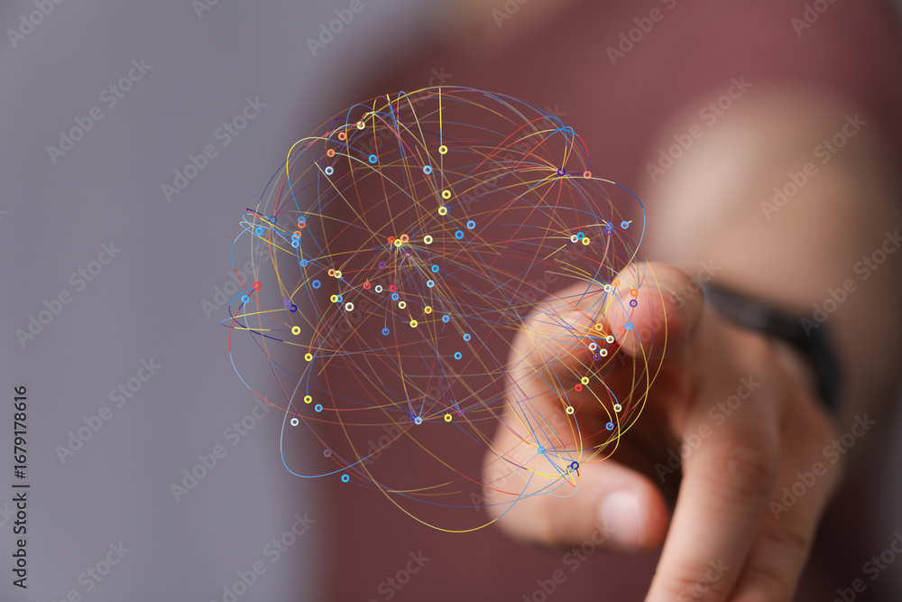Poster abstract image of a hand interacting with a digital network. ideal for tech, connectivity, and globa