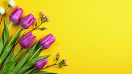 Vibrant Purple Tulips and Delicate Buds Arranged on Sunny Yellow Background, Creating a Cheerful and Springlike Floral Composition