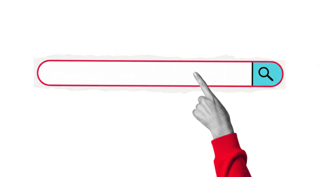 Vintage pop art illustration with a pointing hand and a blank search bar, depicting digital marketing, online searching, and internet browsing concept