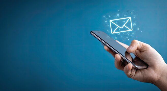Hand holding smartphone with email icon overlay