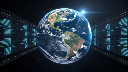 Digital image of earth with floating data screens on each side, ideal for technologyrelated concepts and presentations. Modern and informative.