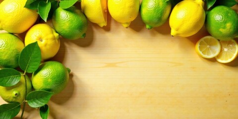 Vibrant citrus fruits arranged artfully on a light wood surface, creating a lively and refreshing border