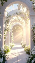 Fototapeta premium Elegant White Flower Adorned Archway with Soft Light and Dreamy Atmosphere
