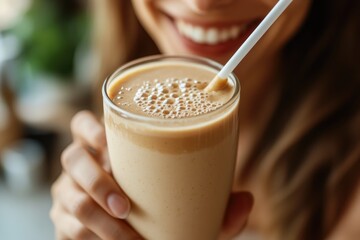 Close-up of a woman enjoying a creamy, frothy beige smoothie in a glass.