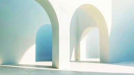 Indoor Minimalist Background: Warm Sunlight, Soft Light Blue Arches & Serene Geometry with Light and Shadow