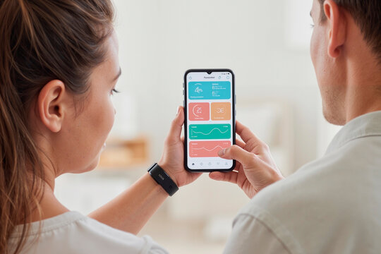 Young adult Caucasian woman and young adult Caucasian man using smartphone together, woman holding phone displaying health tracking app with charts and statistics visible on screen