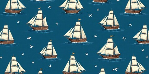 Seafaring Vessels Sail Across a Deep Blue Canvas, Adorned with Graceful Seabirds in Flight
