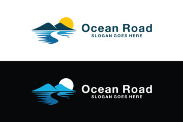 Ocean road logo with mountain and sun, symbol of journey, travel, and adventure, perfect for tourism, holiday, and outdoor branding