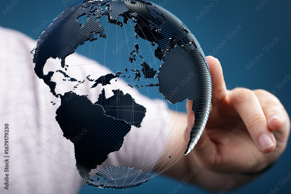 Poster high-quality stock photo of a hand interacting with a 3d model of planet earth, symbolizing global c