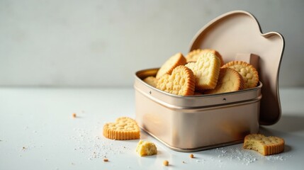 Sweet heart-shaped biscuits in a metallic container resting on a white surface