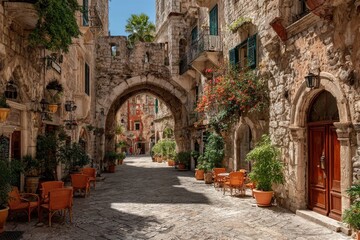 Fototapeta premium Ancient alleyway, terracotta, sunlit, Mediterranean charm