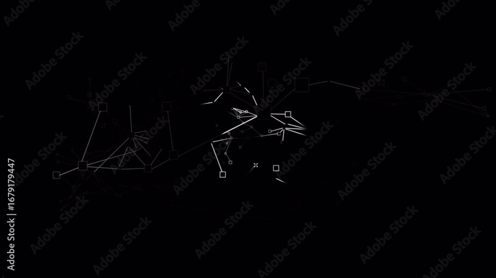 Poster dynamic network: abstract white lines and squares connecting on black background