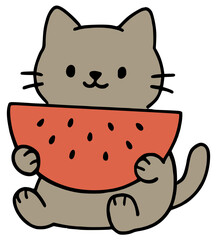 Cat with watermelon sits on the floor and smiles. Vector illustration with transparent background