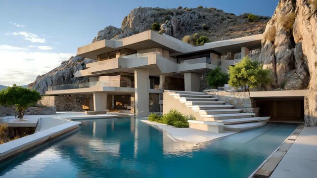 Architecturally bold villa with stair-stepped open layout and pool carved into mountain landscape