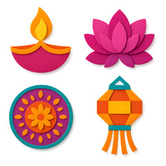 Diwali festival paper cut layered PNG set transparent background 2x2 diya oil lamp lotus rangoli lantern isolated cut out