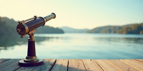 Antique spyglass on wooden dock overlooking tranquil water, scenic view of serene landscape at dawn