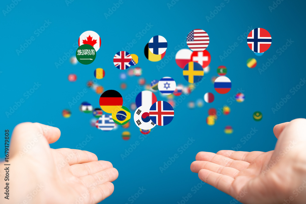 Aufkleber image of hands gently cupping floating flags representing global unity and international connections