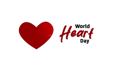 World Heart Day text animation with red heart shape and cardiogram symbol. Perfect for awareness campaigns emphasizing cardiovascular health of heart diseases globally.