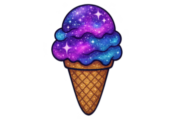 Glittery cosmic ice cream cone shines with colorful galaxy scoop creating a magical frozen dessert delight, PNG Transparent