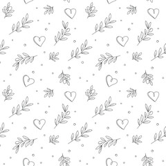 A decorative seamless pattern featuring olive branches and hearts.
