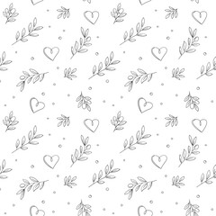 A decorative seamless pattern featuring olive branches and hearts.