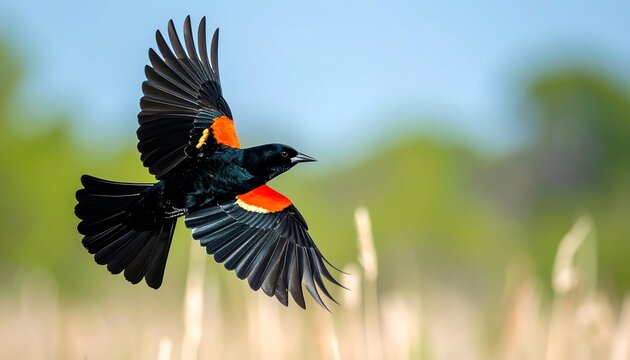 A red-winged blackbird in flight against a soft-focus background