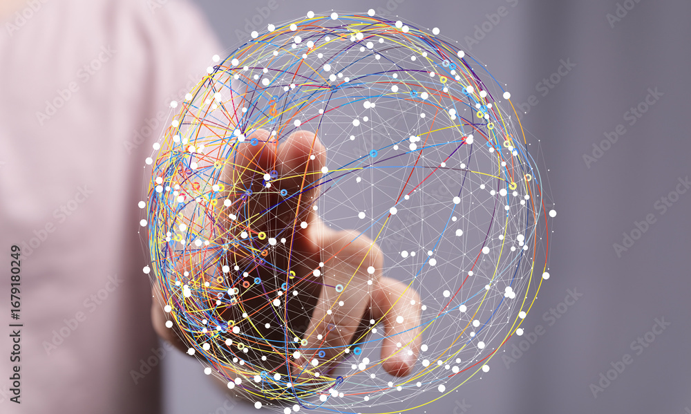 Poster abstract image of a hand interacting with a digital network sphere. represents global connectivity, 