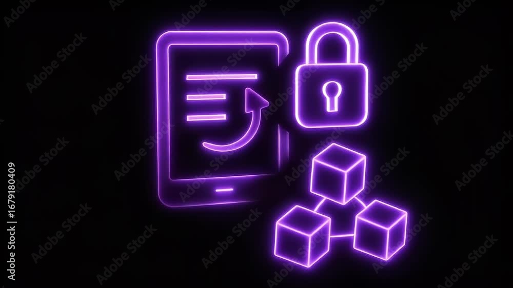 Poster digital encryption: a vivid neon illustration of a tablet, a padlock, and interconnected cubes symbo