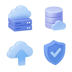 Cloud computing isometric PNG set transparent background 2x2 cloud server database upload arrow shield security isolated cut out