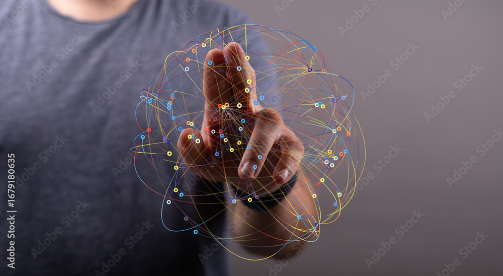 Poster abstract image of a hand interacting with a digital network, representing connection and global comm