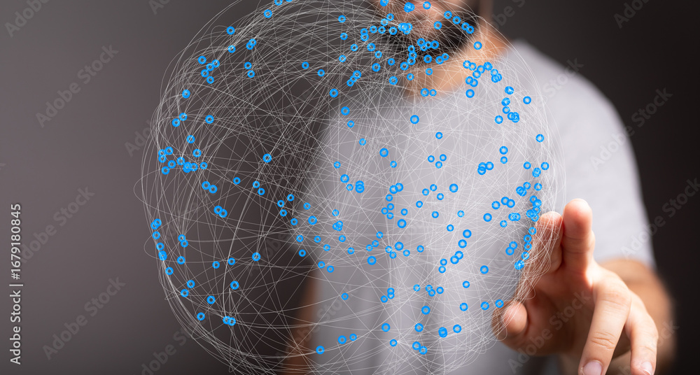 Aufkleber abstract image of a man interacting with a digital network sphere, representing global connections a