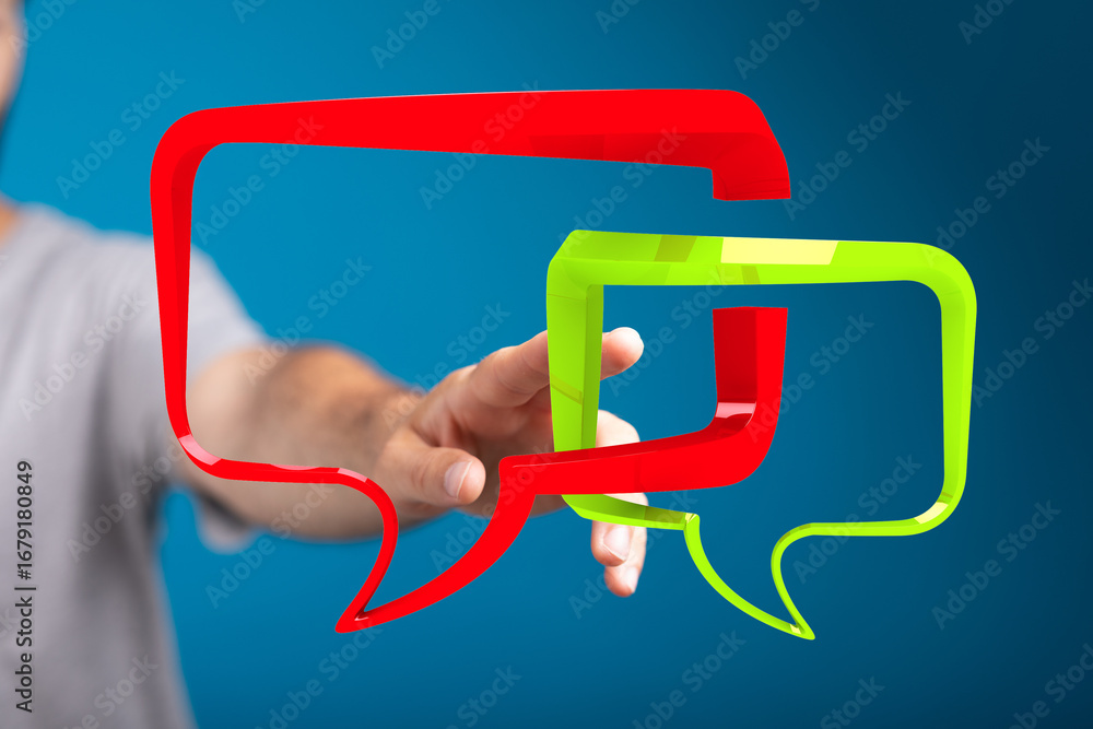 Poster abstract image of hand interacting with 3d speech bubbles. ideal for communication, conversation, or