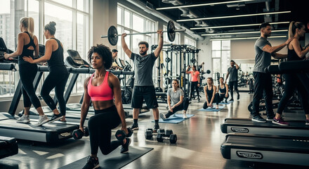 Photo of diverse group of people engaged in various fitness activities at a modern gym