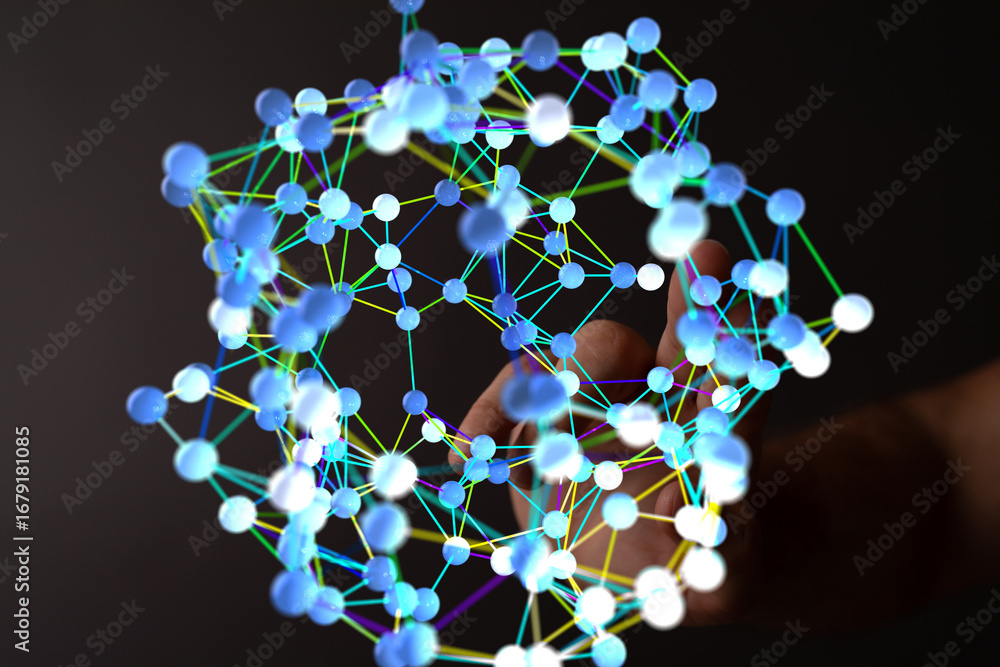 Aufkleber hand interacting with a 3d network, visualizing data flow and connections.
