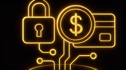 Digital Security: A glowing graphic of a padlock, coin, and credit card, symbolizing digital security. Highlighting encryption, data protection, and financial security - Powered by Adobe
