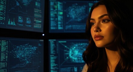 Woman looking at multiple screens displaying data and maps, suggesting technology, cybersecurity, or global analysis