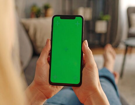 Woman holding smartphone with green screen