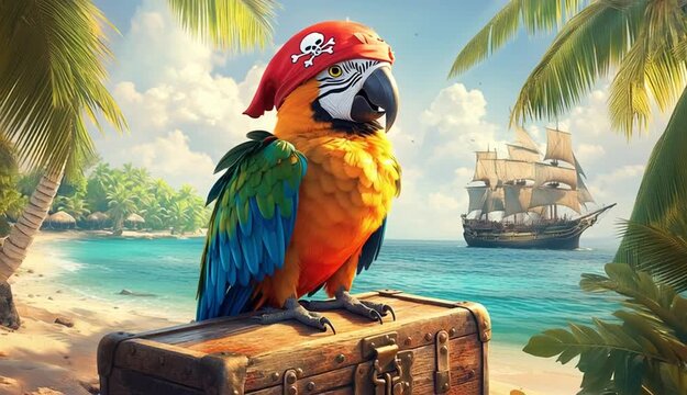 A vibrant, colorful parrot wearing a pirate hat with a skull and crossbones emblem, perched confidently on an old, weathered treasure chest
