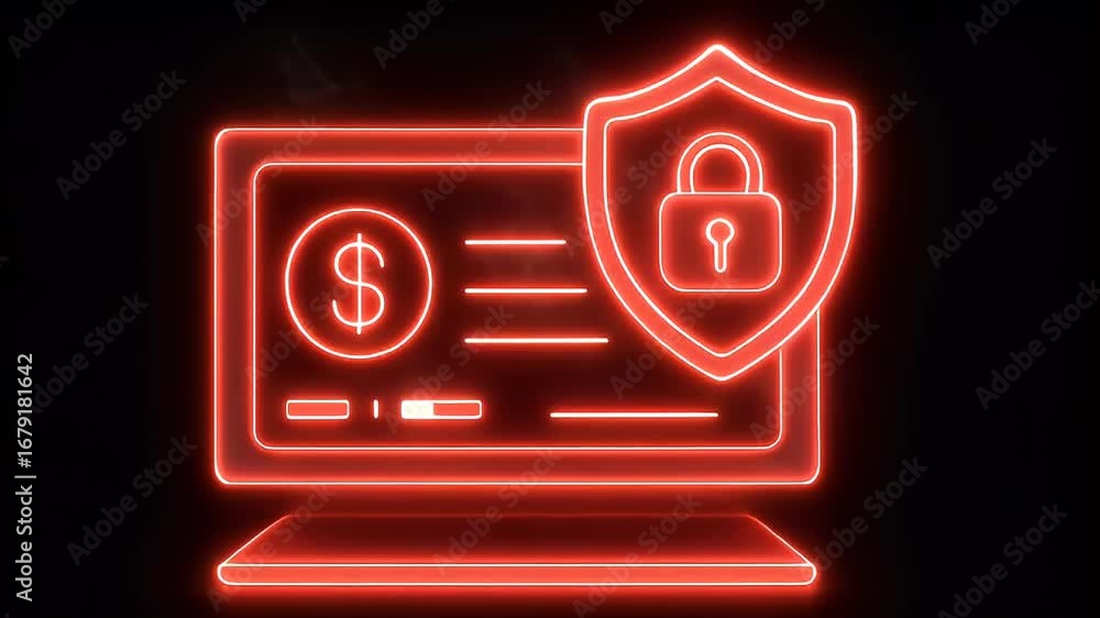 Poster digital financial security: a vivid, red-glowing icon of a digital payment protected by a secure shi