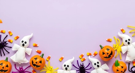 Spooky cute Halloween decorations create a festive vibe with playful ghosts, smiling pumpkins, candy corn, and spiders on a lilac backdrop perfect for social media
