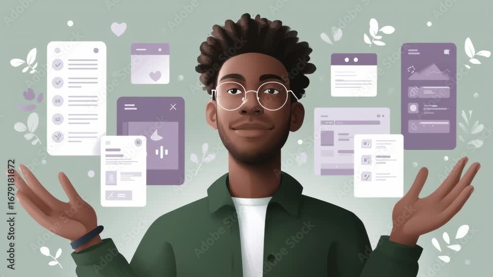Aufkleber Young person showcasing digital interface elements with graphics on a soft green background