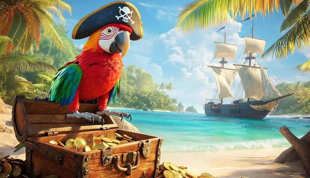 A vibrant, colorful parrot wearing a pirate hat with a skull and crossbones emblem, perched confidently on an old, weathered treasure chest
