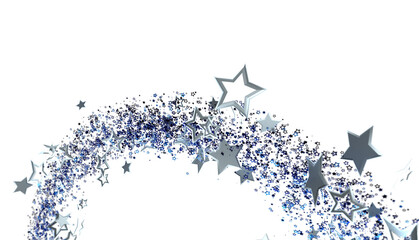 Abstract image of silver stars swirling in a trail against a white background. Perfect for celebration, magic, or winter themes.