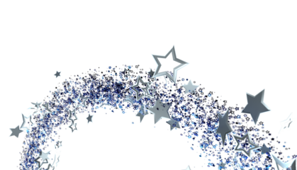 Abstract image of silver stars swirling in a trail against a white background. Perfect for celebration, magic, or winter themes.