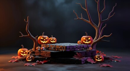 Spooky Halloween night scene with glowing pumpkins and eerie trees, perfect for holiday promotions and atmospheric designs, creating a chilling festive vibe