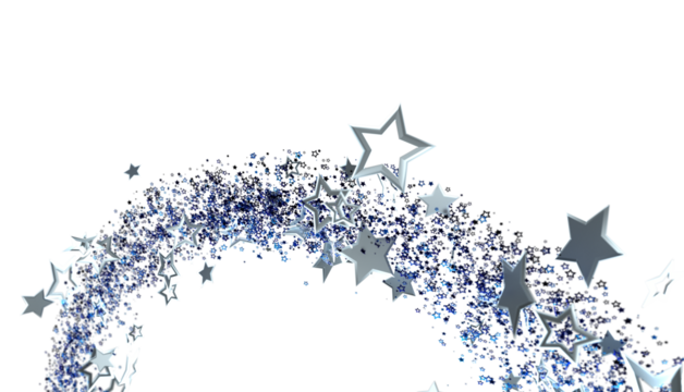 Abstract image of silver stars swirling in a trail against a white background. Perfect for celebration, magic, or winter themes.