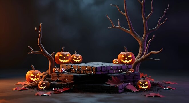 Spooky Halloween night scene with glowing pumpkins and eerie trees, perfect for holiday promotions and atmospheric designs, creating a chilling festive vibe
