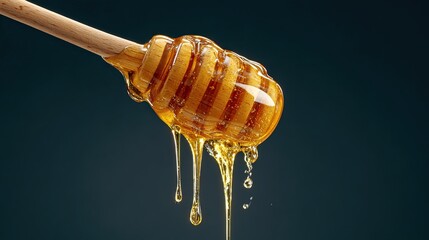 Golden honey dripping from wooden dipper isolated on dark background with sweet natural texture