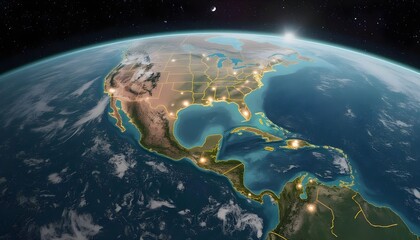 Detailed view of North America showcasing geographical features, waterways, and illuminated cities against a starry background Generative AI